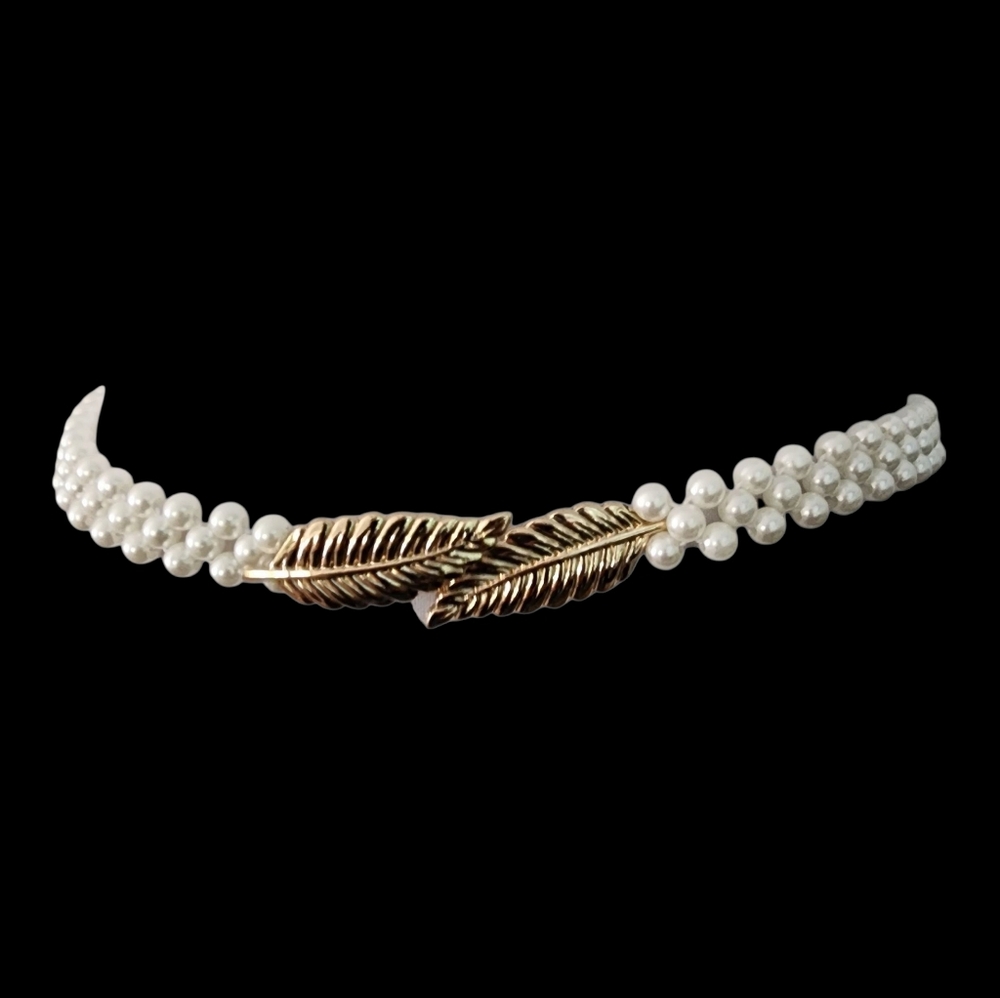 Y2K pearl belt gold leaf buckle white pearl beads vintage elastic expandable - Picture 14 of 14